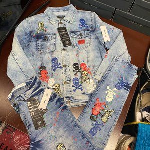 Reason Mens Blue Biker Casual Button Denim Jacket & Straight Jeans 2 Piece Set